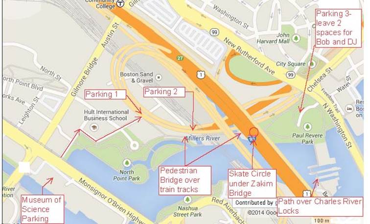 Map showing location for Dance Skating Session under the Zakim Bridge